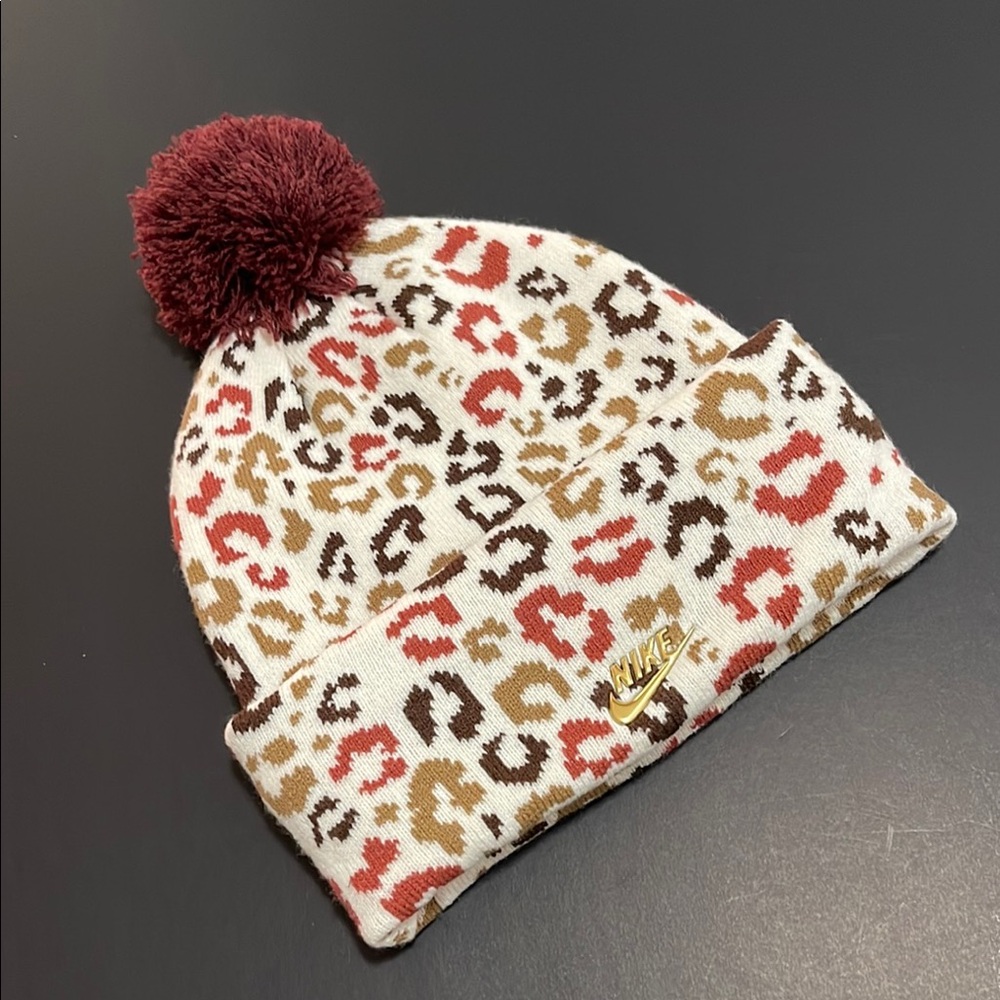 Nike Kids Girls Red and Brown Knit Hat Beanie with Pom-Pom